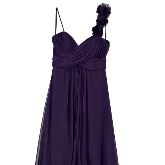 Betsy & Adam Purple Chiffon Evening Gown Size 8 One Shoulder Ruched Floral Strap - Picture 6 of 8